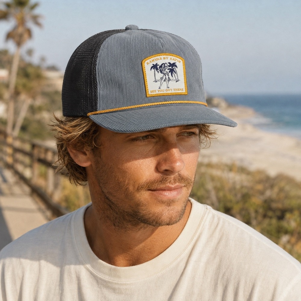 Katin Corduroy Trucker Hat Slate Blue Grey Hula Girl Patch Snapback Surf Cap